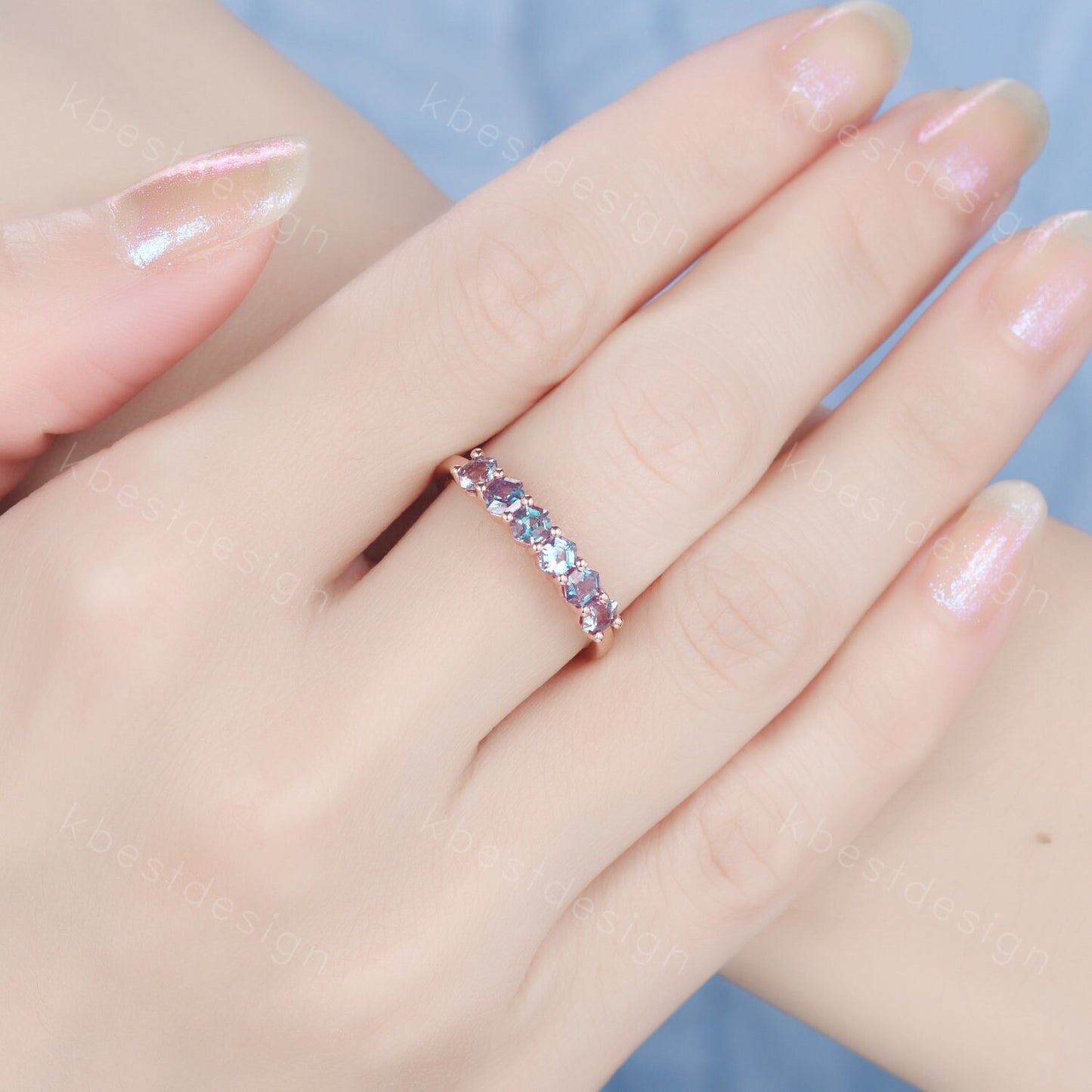 Hexagon cut Alexandrite wedding ring Unique rose gold wedding band 6-stone ring Minimalist Bridal matching stackable band June Birthstone