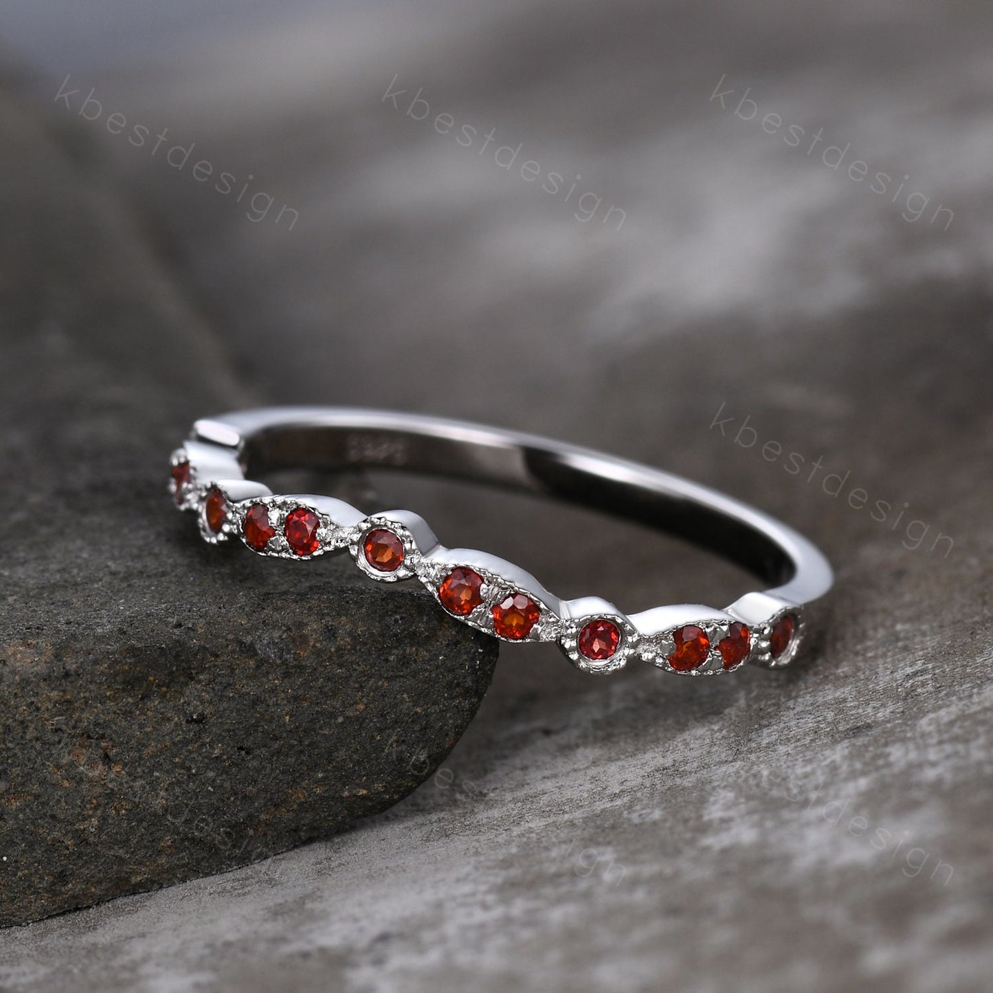 Art Deco Ring Half Eternity Garnet Wedding Band Delicate Curved Stacking Band January Birthstone Ring Sterling Silver Ring Anniversary Gift