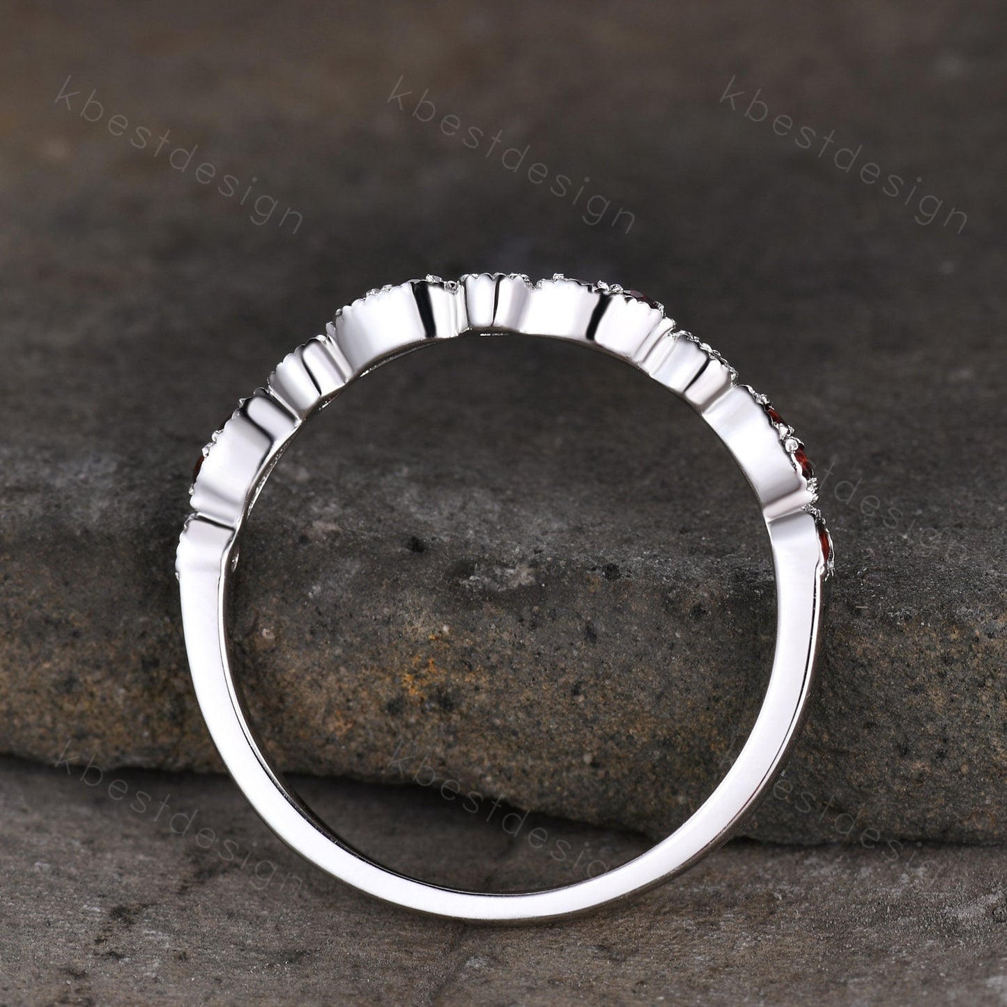 Art Deco Ring Half Eternity Garnet Wedding Band Delicate Curved Stacking Band January Birthstone Ring Sterling Silver Ring Anniversary Gift
