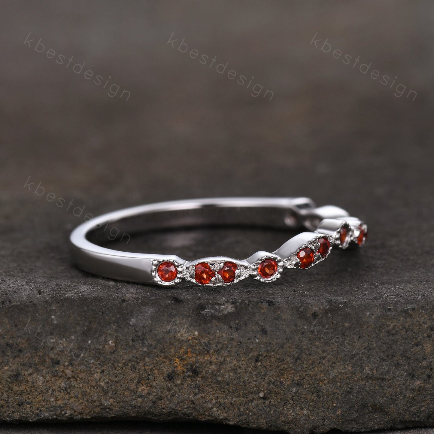 Art Deco Ring Half Eternity Garnet Wedding Band Delicate Curved Stacking Band January Birthstone Ring Sterling Silver Ring Anniversary Gift