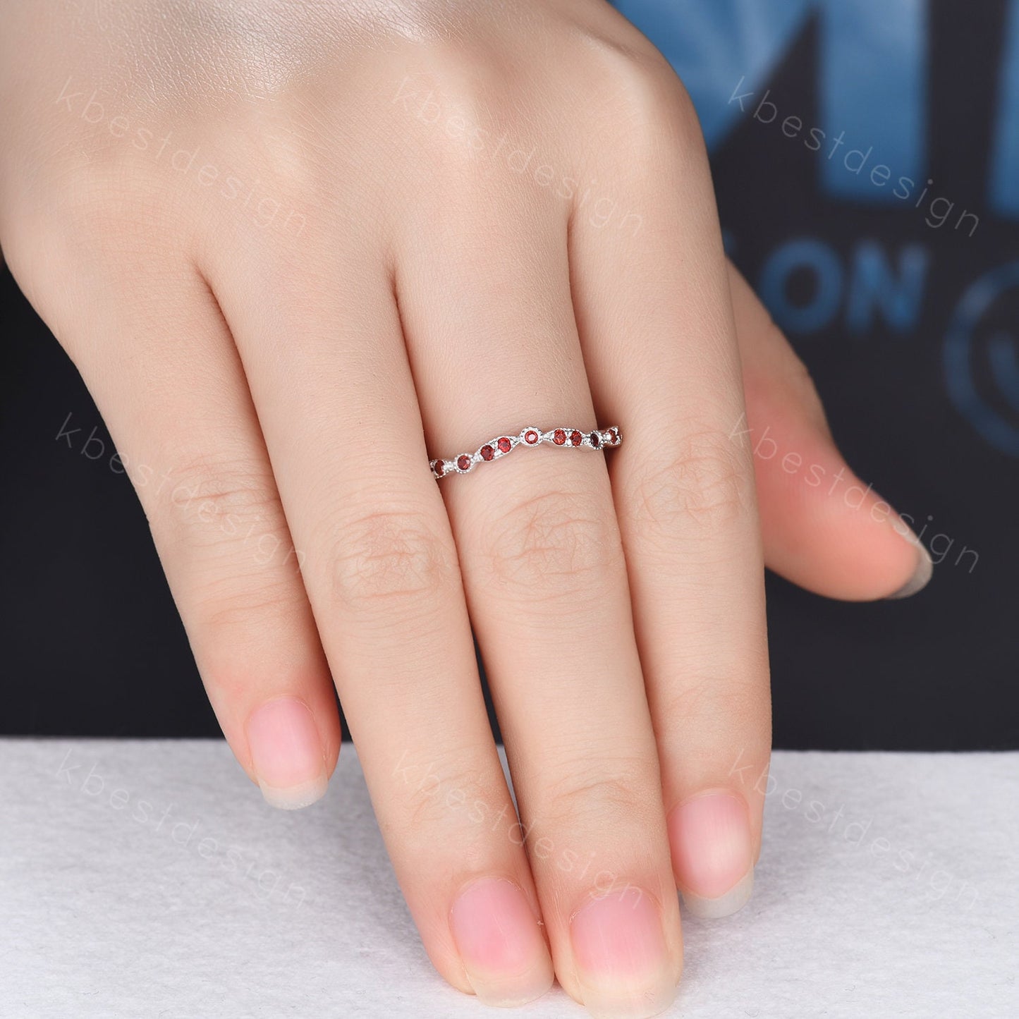 Art Deco Ring Half Eternity Garnet Wedding Band Delicate Curved Stacking Band January Birthstone Ring Sterling Silver Ring Anniversary Gift