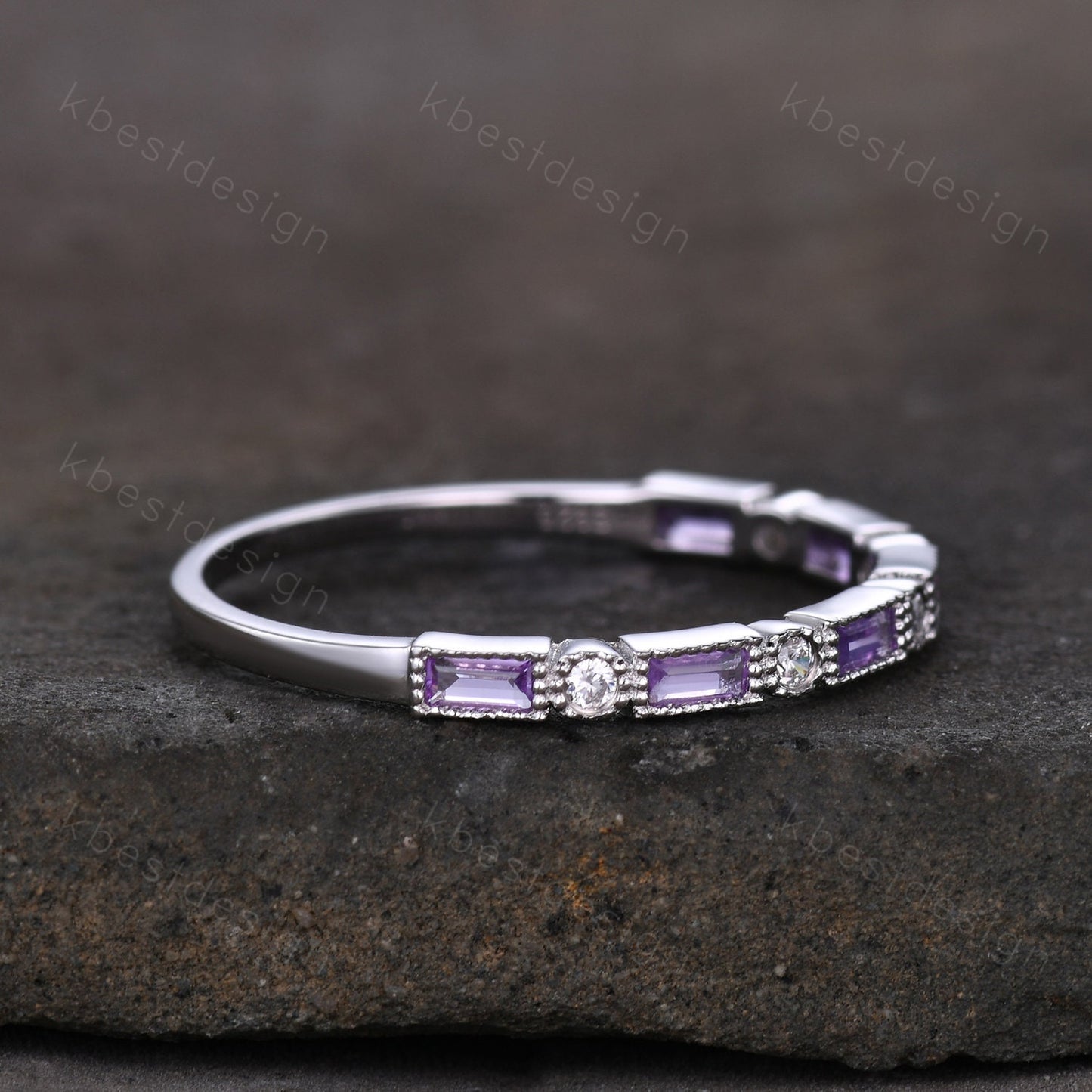 Natural Amethyst Ring, Baguette Amethyst Wedding Band, February Birthstone Ring, Art Deco Stacking Matching Band, Anniversary gift for women