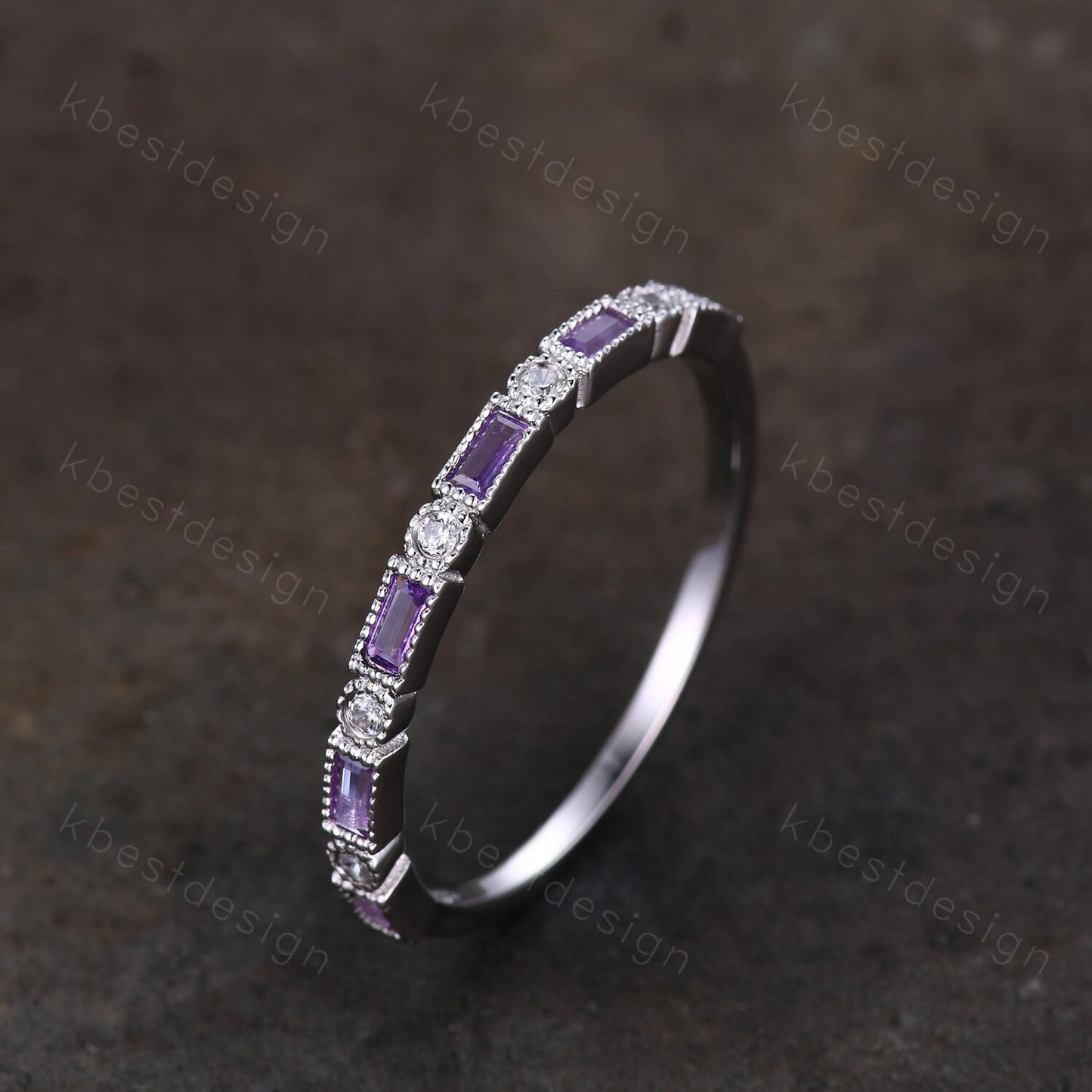 Natural Amethyst Ring, Baguette Amethyst Wedding Band, February Birthstone Ring, Art Deco Stacking Matching Band, Anniversary gift for women