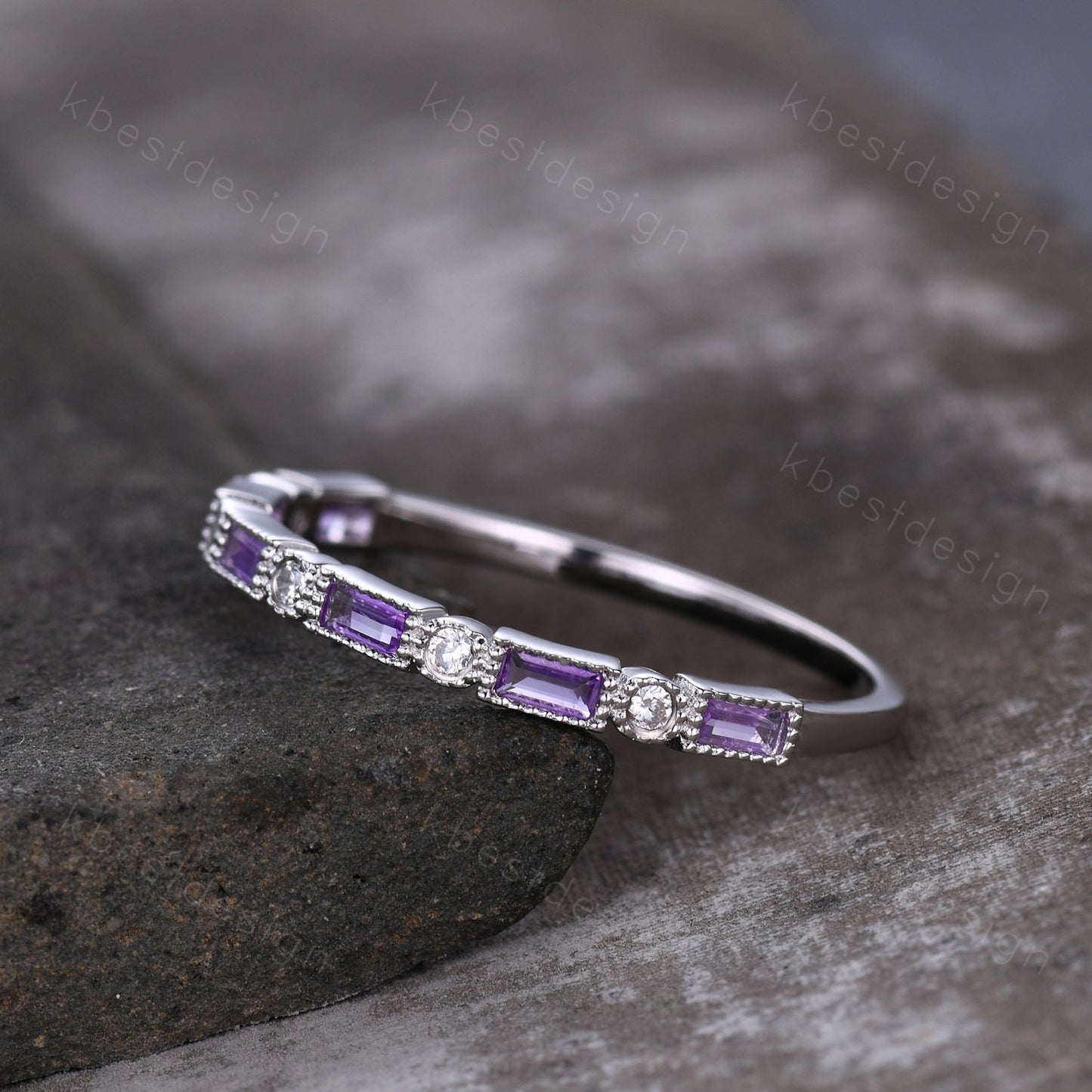 Natural Amethyst Ring, Baguette Amethyst Wedding Band, February Birthstone Ring, Art Deco Stacking Matching Band, Anniversary gift for women