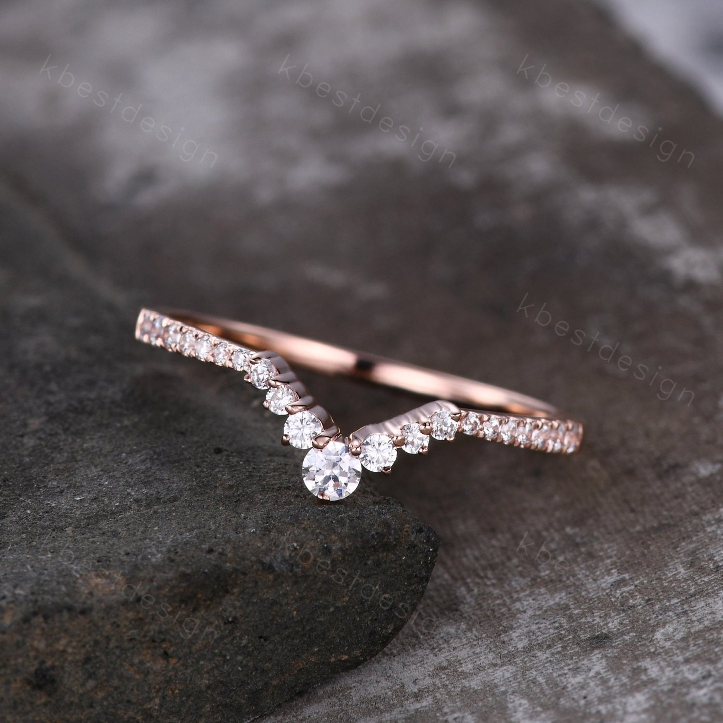 Curved wedding band women vintage round cut Diamond wedding band rose gold unique Moissanite Bridal Stacking promise gift for Her