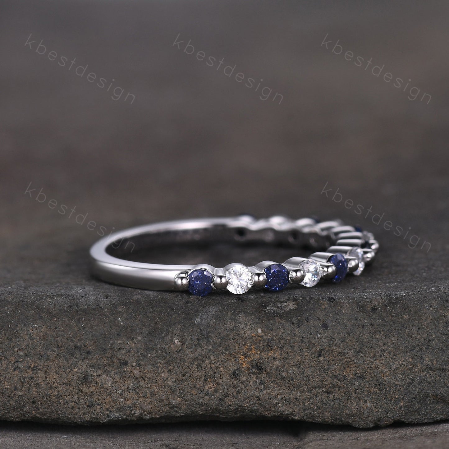 Half eternity blue sandstone Moissanite wedding band sterling silver ring 2mm round cut stacking matching band Minimalist anniversary ring