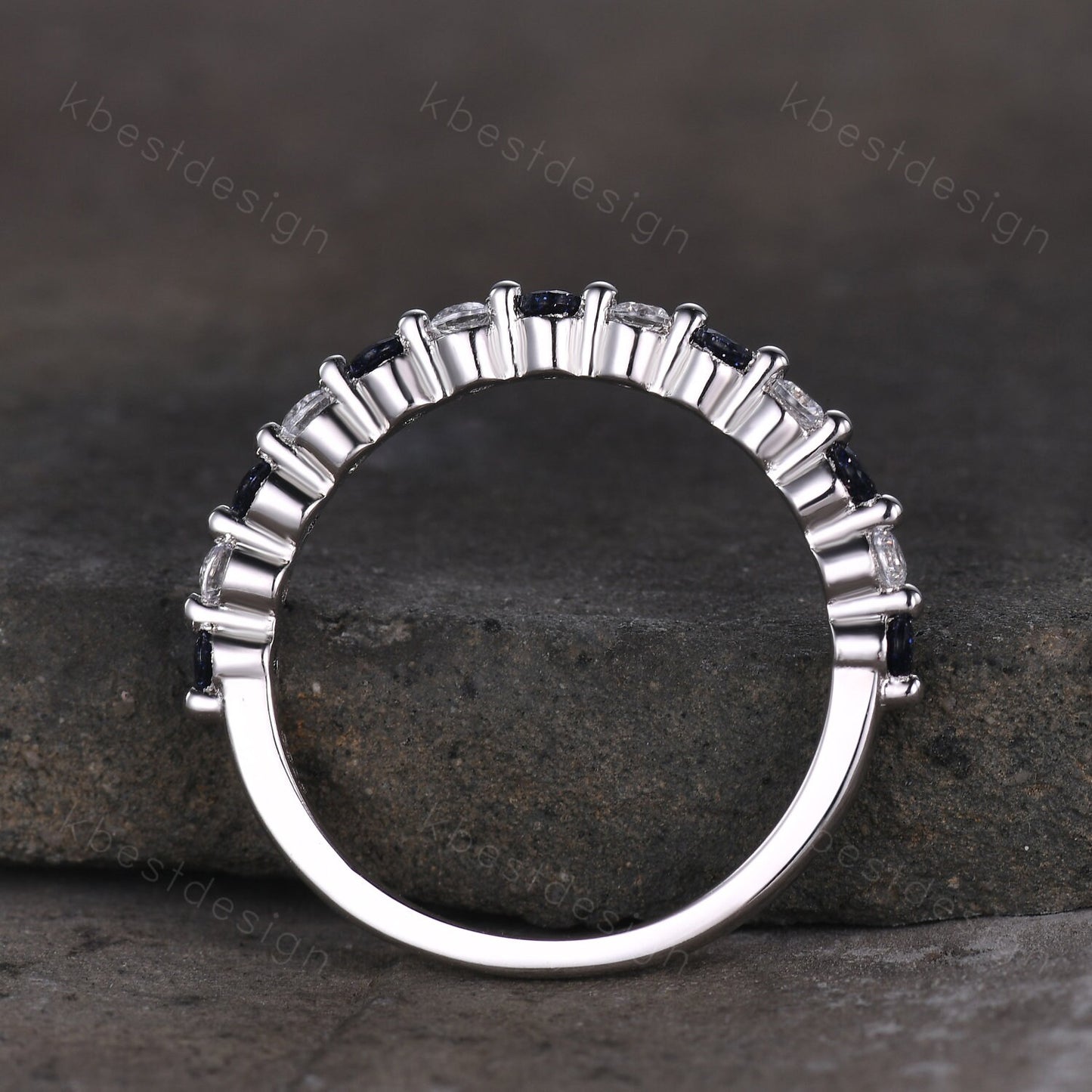 Half eternity blue sandstone Moissanite wedding band sterling silver ring 2mm round cut stacking matching band Minimalist anniversary ring