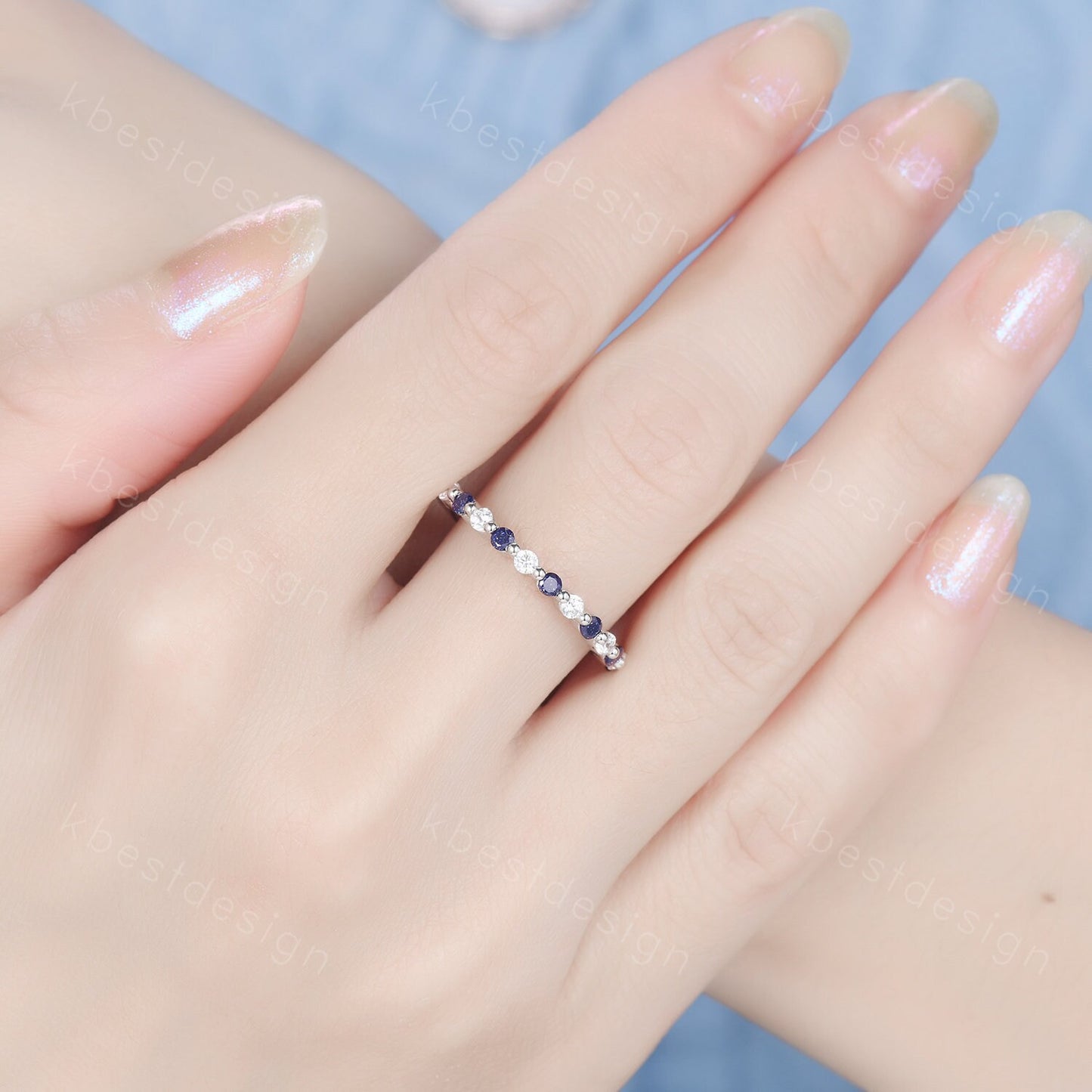 Half eternity blue sandstone Moissanite wedding band sterling silver ring 2mm round cut stacking matching band Minimalist anniversary ring