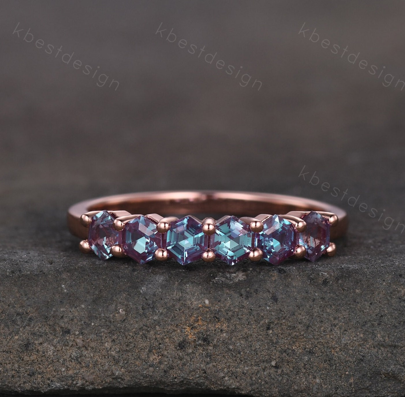 Hexagon cut Alexandrite wedding ring Unique 14k solid gold wedding band 6-stone ring Minimalist Bridal matching stackable band June ring
