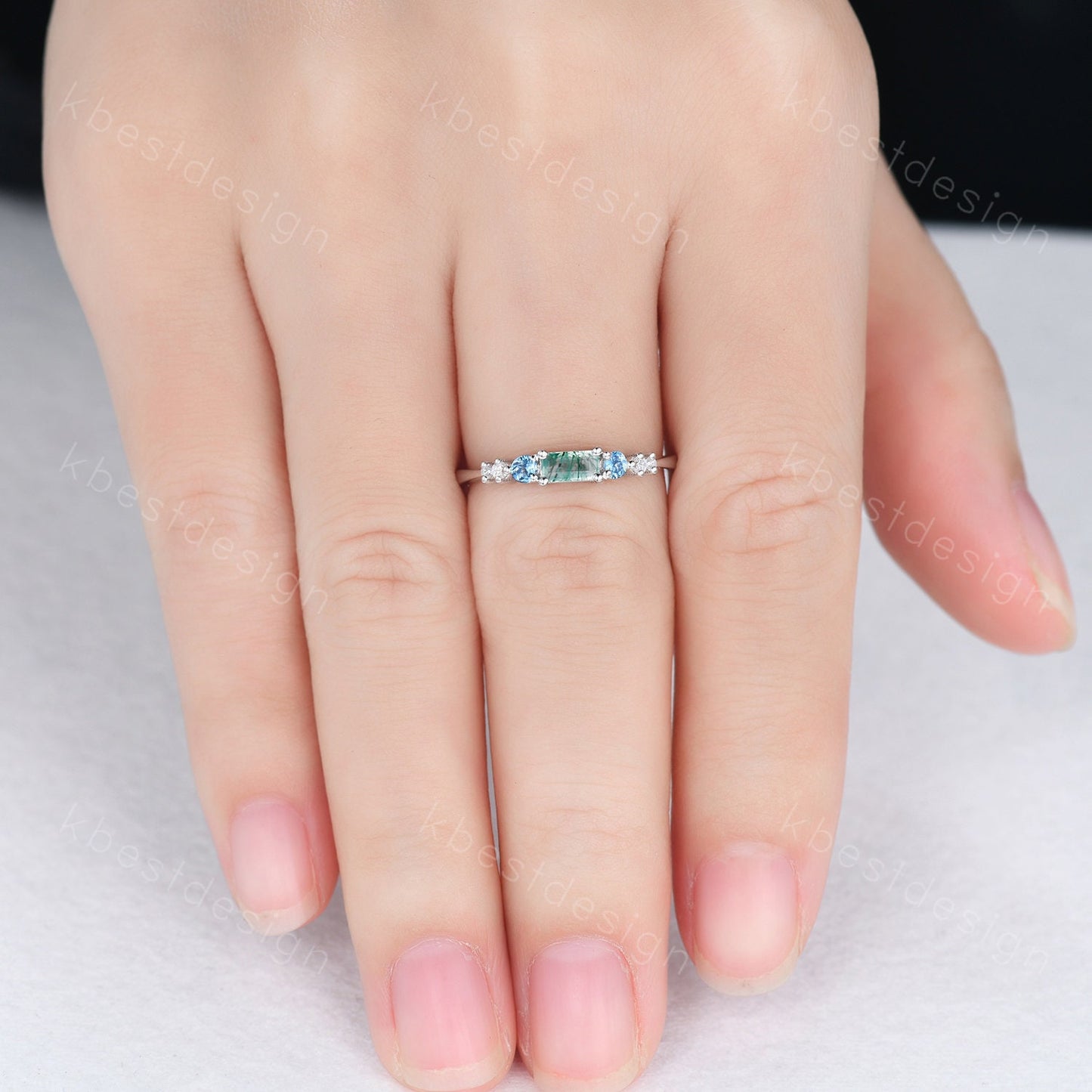 Vintage moss agate wedding ring unique baguette cut ring art deco blue topaz wedding band 7 stone ring moissanite wedding ring for women