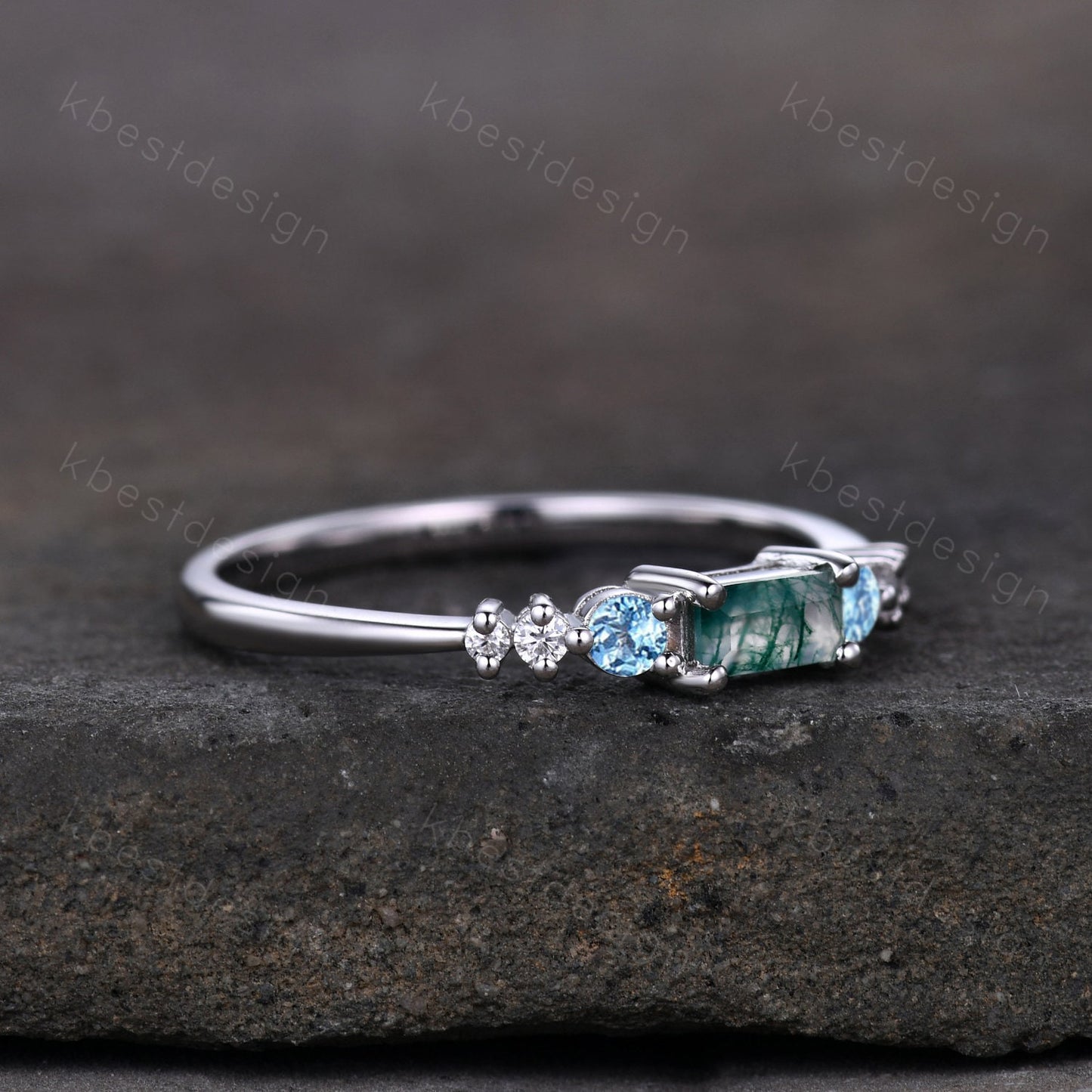 Vintage moss agate wedding ring unique baguette cut ring art deco blue topaz wedding band 7 stone ring moissanite wedding ring for women