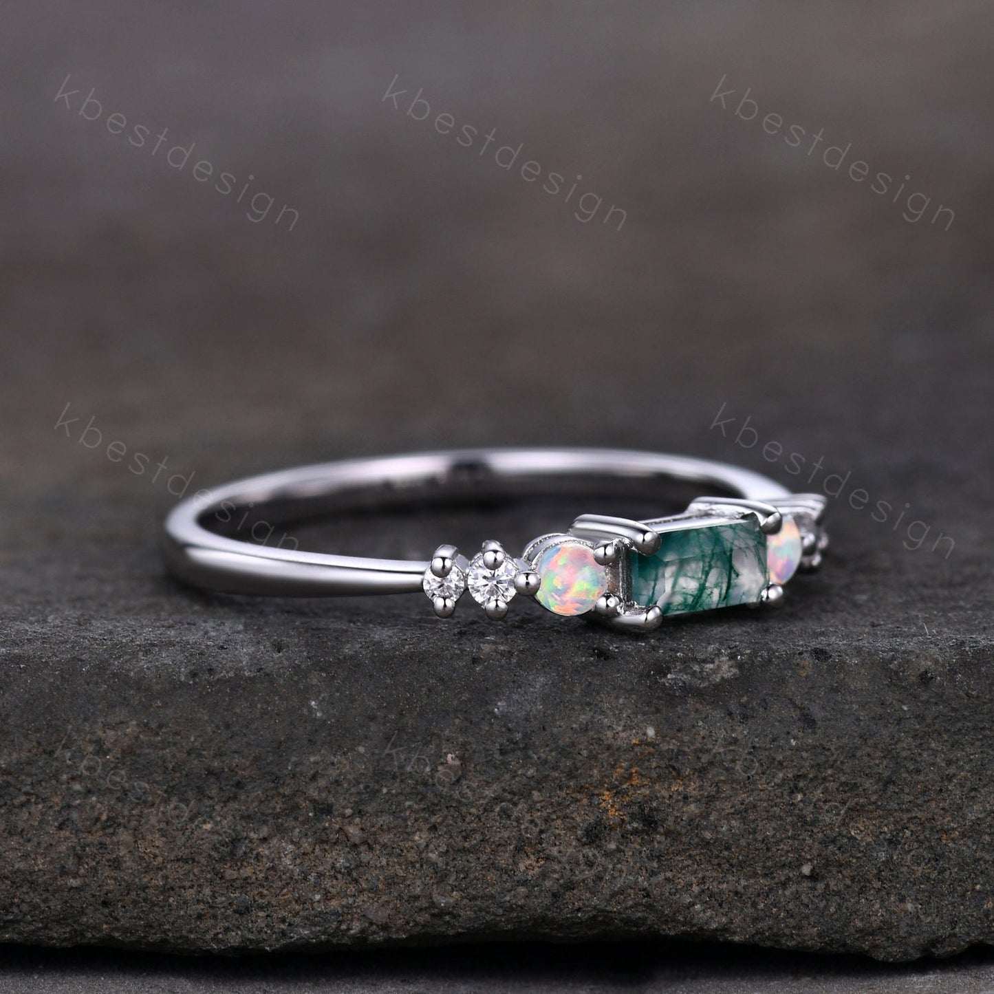Baguette cut Moss Agate wedding band sterling silver Opal wedding band seven stone moissanite cluster ring unique women bridal ring