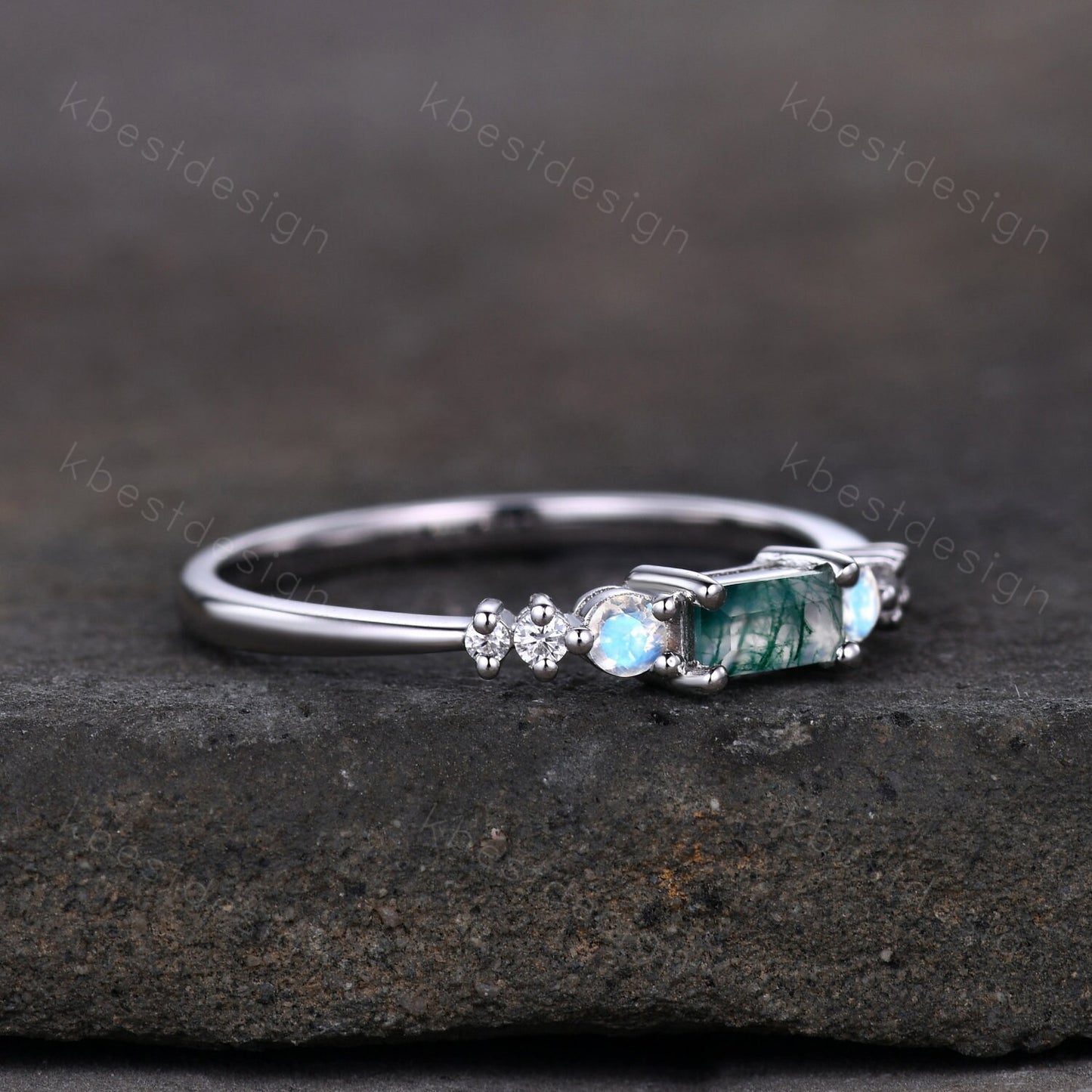 Baguette cut Moss Agate ring vintage seven stone ring unique moonstone wedding ring art deco cluster ring moissanite wedding promise ring