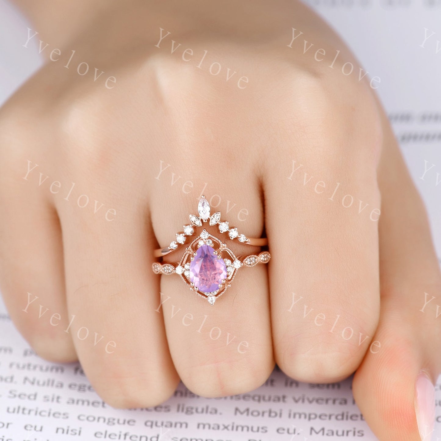 Vintage Lavender Amethyst Engagement Ring Set,6x8mm Pear Amethyst Bridal Set,V Curved Moissanite Stacking Band,Women Rings Gift,Platinum