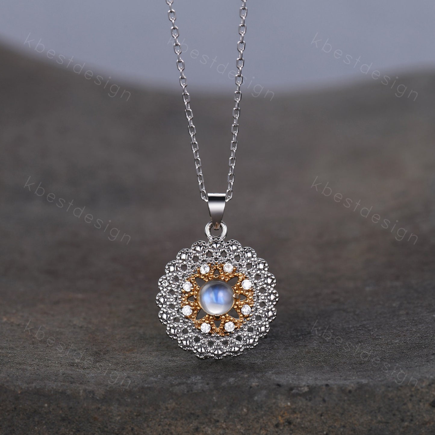 Vintage moonstone necklace, silver gold necklace for women. moonstone jewelry, antique art deco necklace, anniversary gift