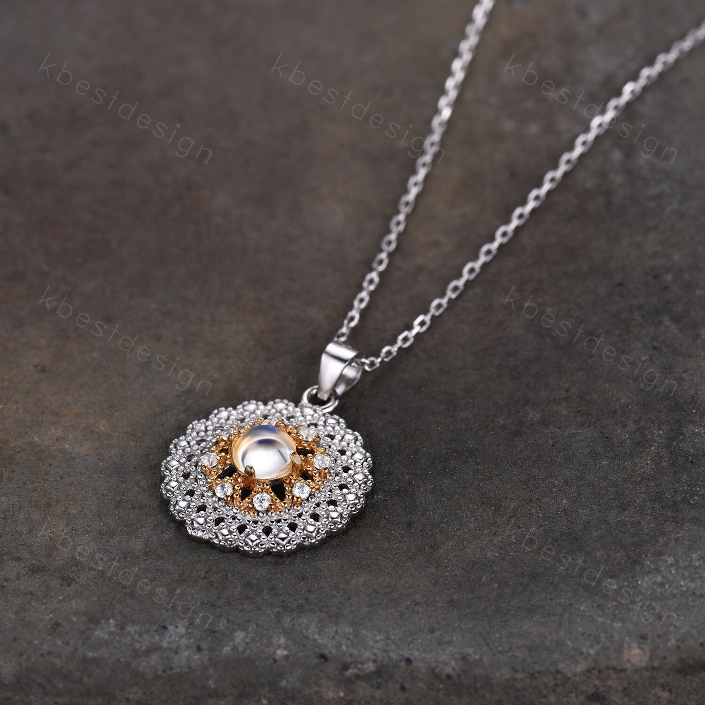 Vintage moonstone necklace, silver gold necklace for women. moonstone jewelry, antique art deco necklace, anniversary gift