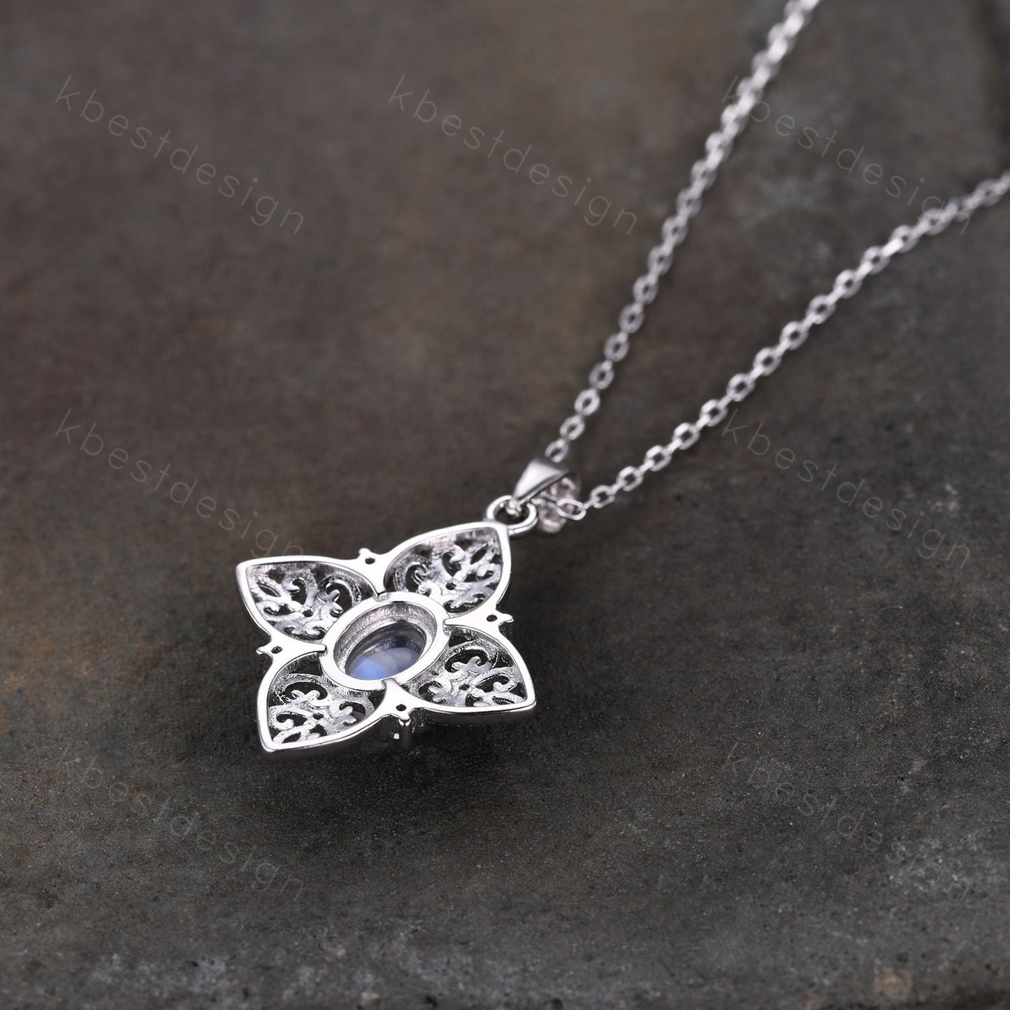 Antique Filigree Moonstone Necklace, Unique Sterling Silver Necklace, Art Deco Milgrain Pendant Necklace, White Gold Necklace for Women