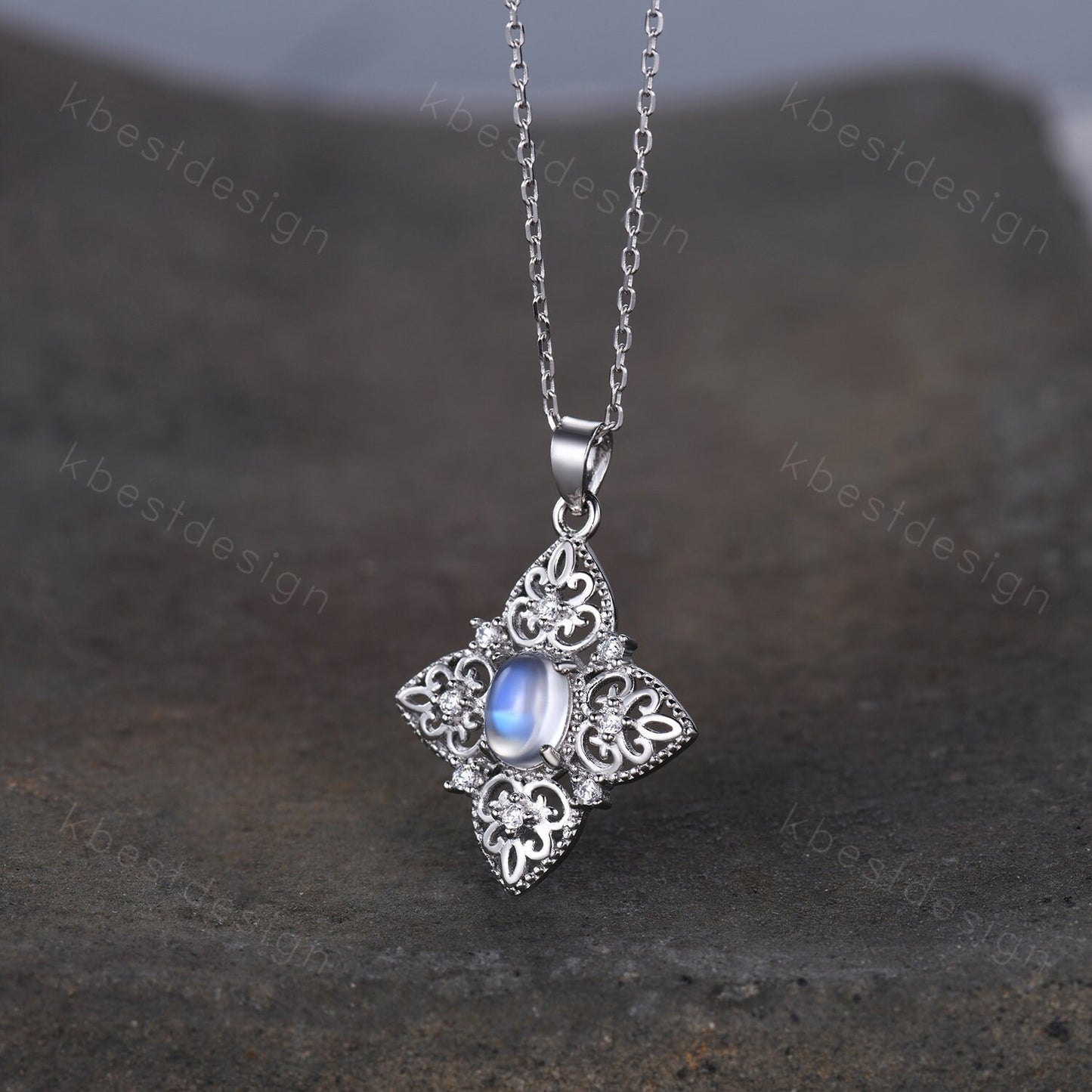 Antique Filigree Moonstone Necklace, Unique Sterling Silver Necklace, Art Deco Milgrain Pendant Necklace, White Gold Necklace for Women