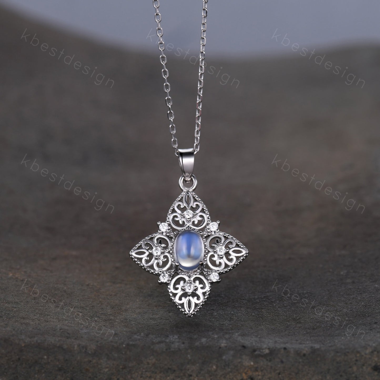 Antique Filigree Moonstone Necklace, Unique Sterling Silver Necklace, Art Deco Milgrain Pendant Necklace, White Gold Necklace for Women
