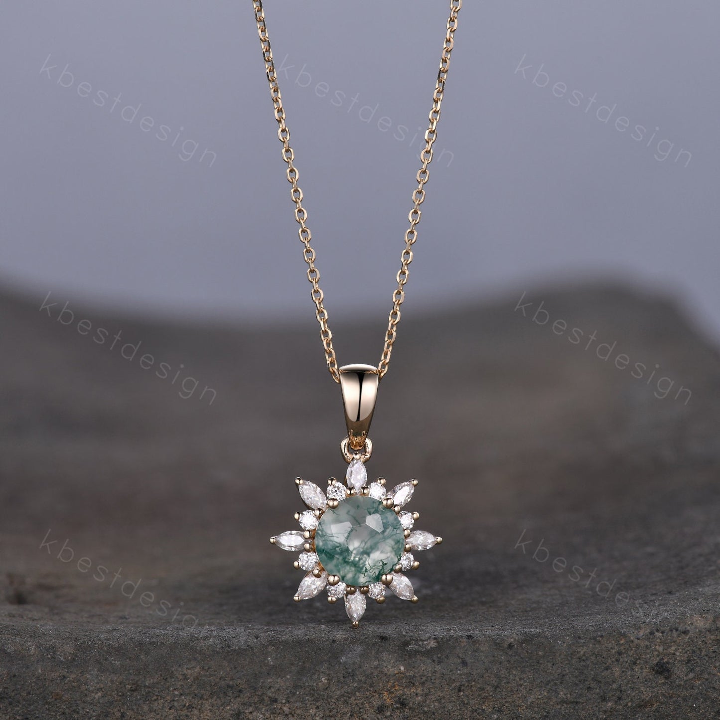 Natural Moss Agate Necklace, 14K Solid Gold Necklace, Unique Diamond/Moissanite Pendant, Art Deco Round cut Necklace, Necklace for Women