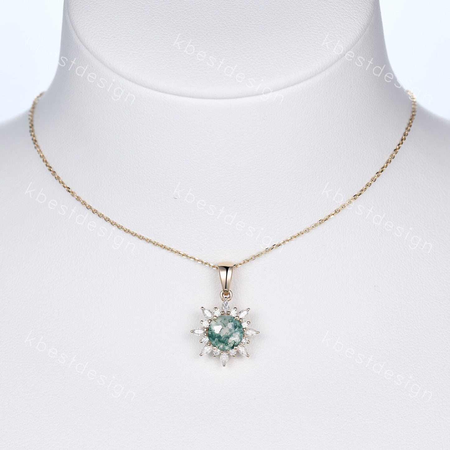 Natural Moss Agate Necklace, 14K Solid Gold Necklace, Unique Diamond/Moissanite Pendant, Art Deco Round cut Necklace, Necklace for Women