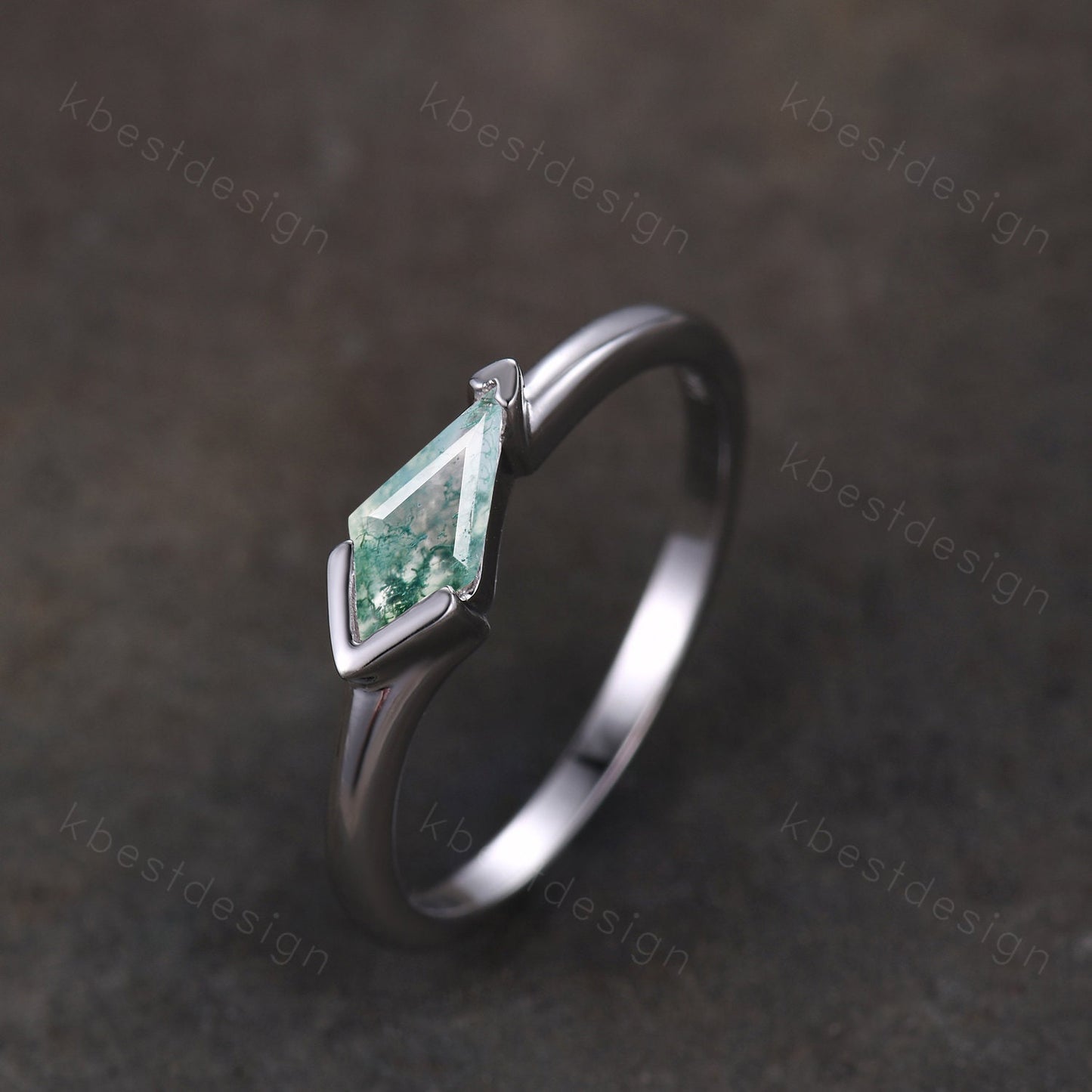 Natural green moss agate engagement ring 14k white gold kite cut ring for women unique art deco bridal promise ring Anniversary gift