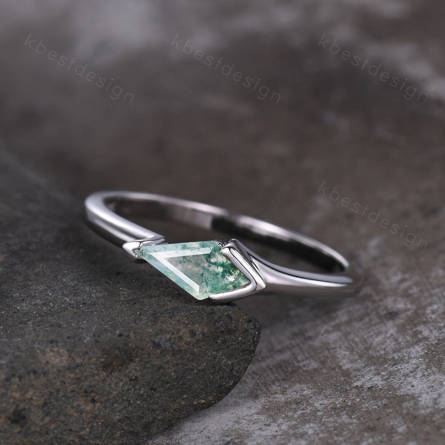 Natural green moss agate engagement ring 14k white gold kite cut ring for women unique art deco bridal promise ring Anniversary gift