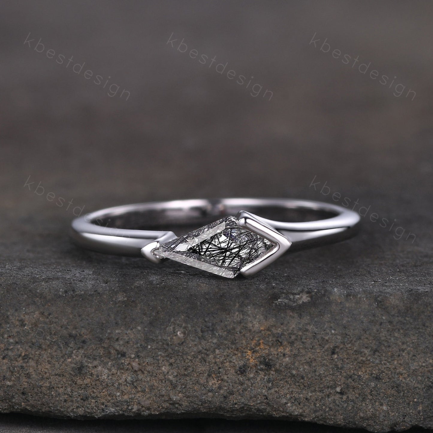 Vintage black rutilated quartz engagement ring silver kite cut ring art deco black gemstone ring women wedding bridal ring delicate ring