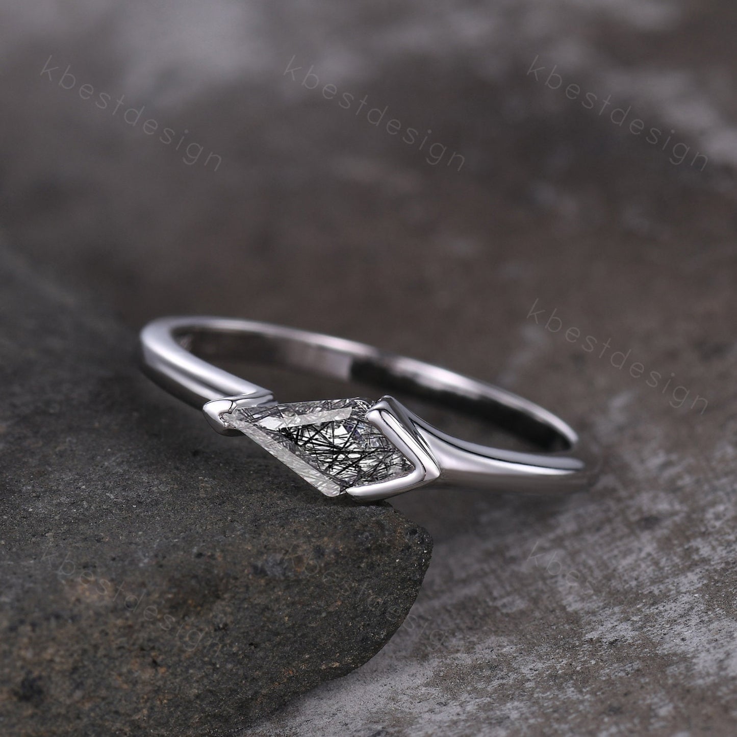 Vintage black rutilated quartz engagement ring silver kite cut ring art deco black gemstone ring women wedding bridal ring delicate ring