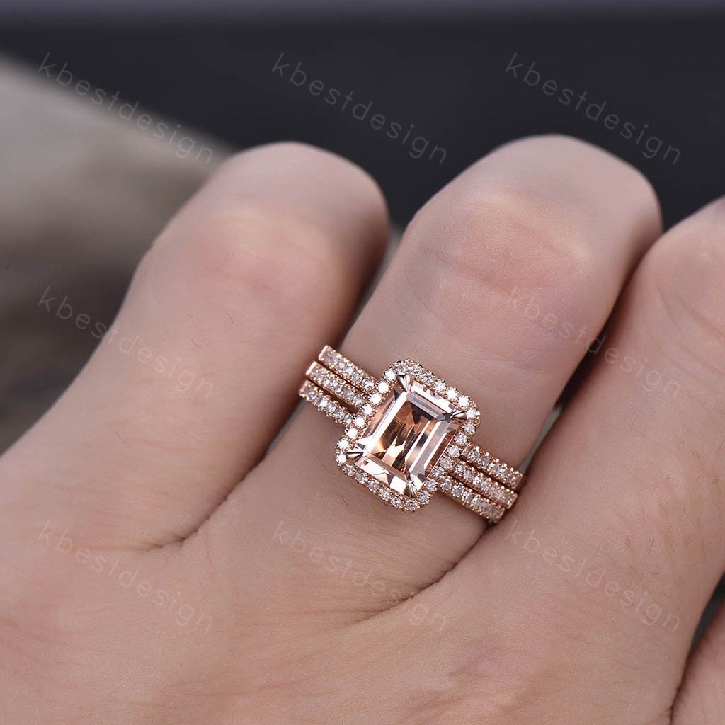 Natural Emerald Cut Morganite Engagement Ring Rose Gold Morganite Wedding Ring Set Minimalist Stacking Matching Bands Bridal Promise Ring