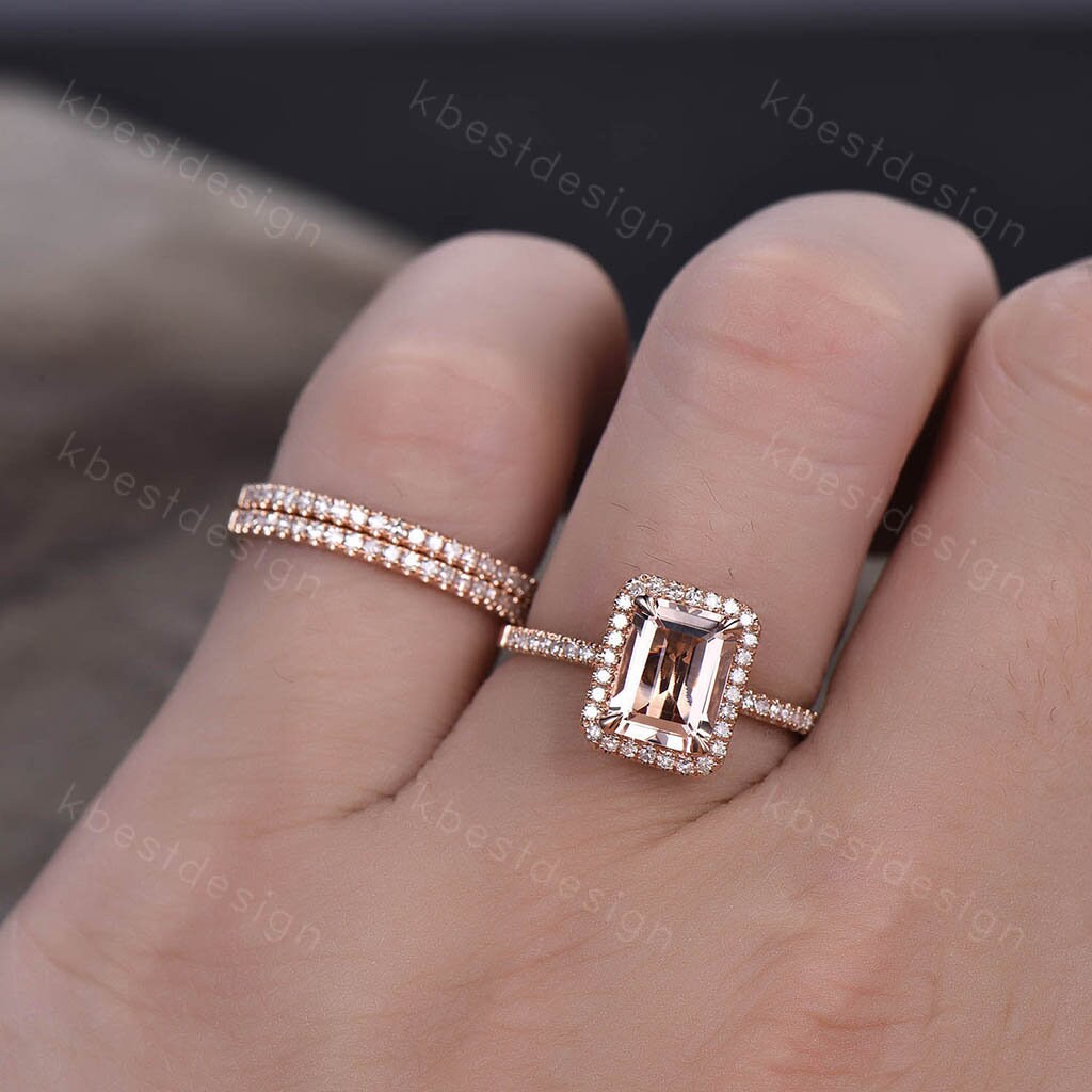 Natural Emerald Cut Morganite Engagement Ring Rose Gold Morganite Wedding Ring Set Minimalist Stacking Matching Bands Bridal Promise Ring