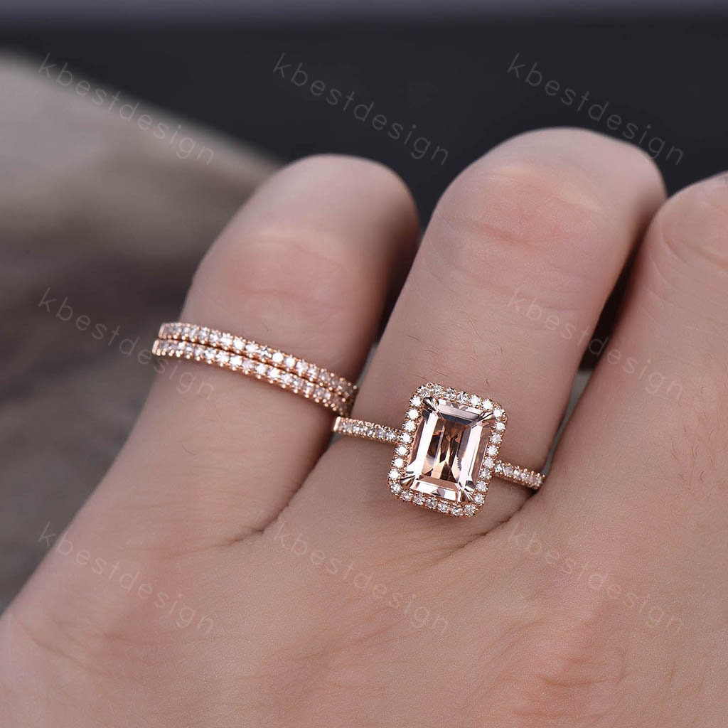 Natural Emerald Cut Morganite Engagement Ring Rose Gold Morganite Wedding Ring Set Minimalist Stacking Matching Bands Bridal Promise Ring