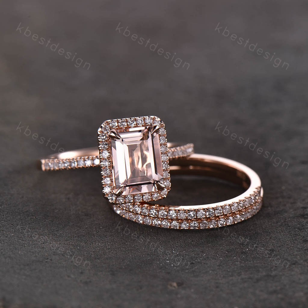 Natural Emerald Cut Morganite Engagement Ring Rose Gold Morganite Wedding Ring Set Minimalist Stacking Matching Bands Bridal Promise Ring