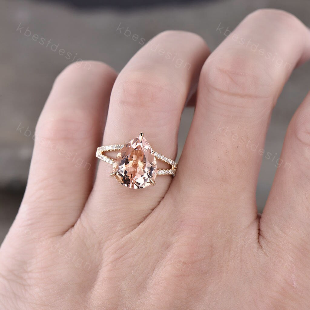 Vintage Morganite Engagement Ring 3CT Teardrop Morganite Ring 14K Solid Gold Ring Split Shank Engagement Ring Bridal Wedding Promise Ring