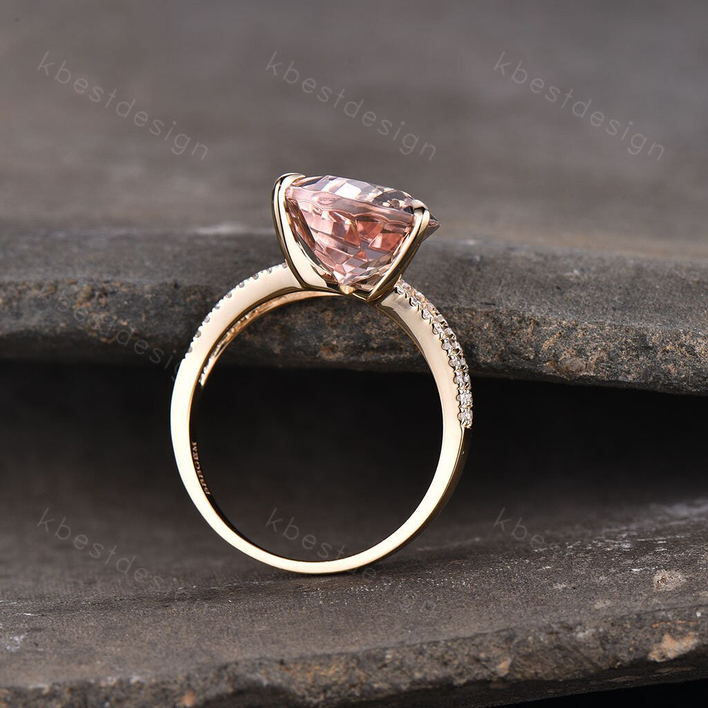 Vintage Morganite Engagement Ring 3CT Teardrop Morganite Ring 14K Solid Gold Ring Split Shank Engagement Ring Bridal Wedding Promise Ring