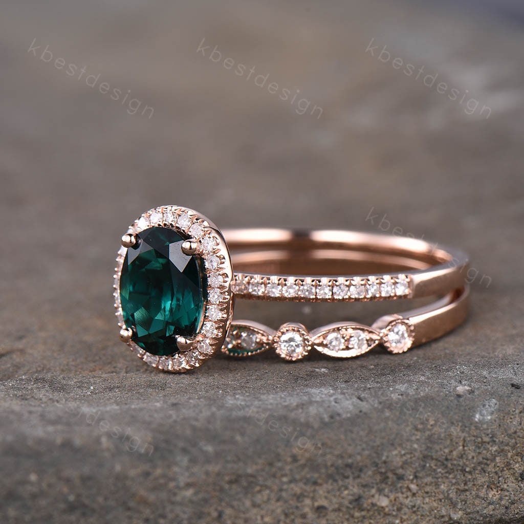 Emerald ring vintage unique oval emerald engagement ring set rose gold ring for women Art deco moissanite wedding band May birthstone ring