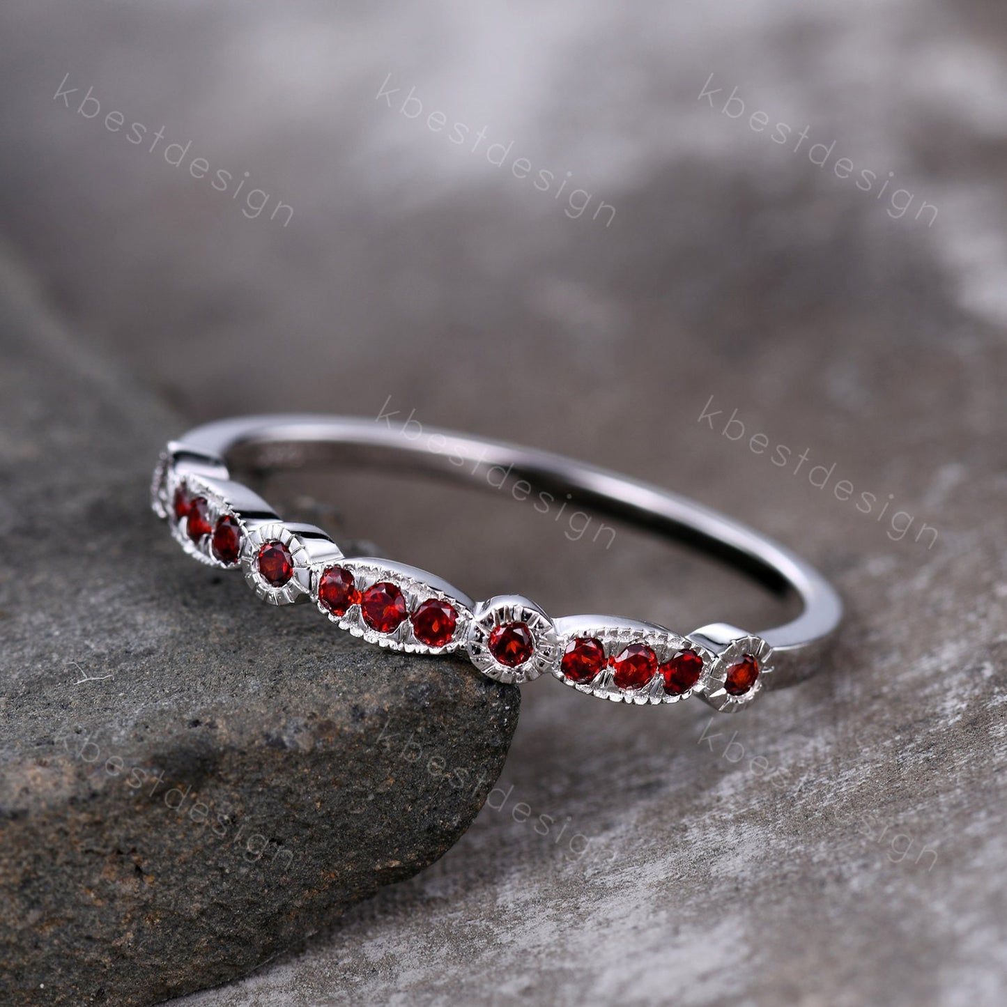 Red Garnet Wedding Band Art Deco Half Eternity Ring Sterling Silver Vintage Matching Band Milgrain Anniversary Gift