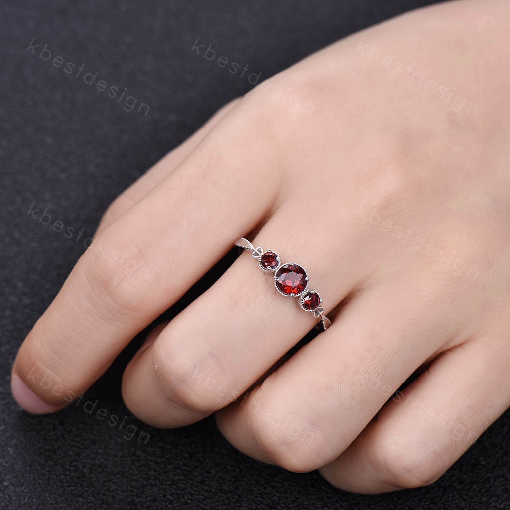 Garnet Ring Unique Round cut Garnet Engagement Ring Three Stone Ring Art Deco Wedding Ring January Birthstone Anniversary Ring for Women