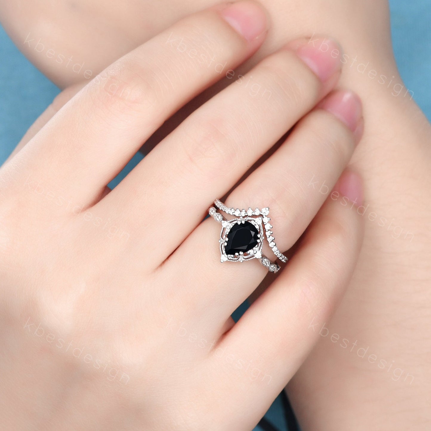 3PCS Vintage black onyx engagement ring rose gold ring art deco curved stacking band pear shaped bridal set unique moissanite wedding set
