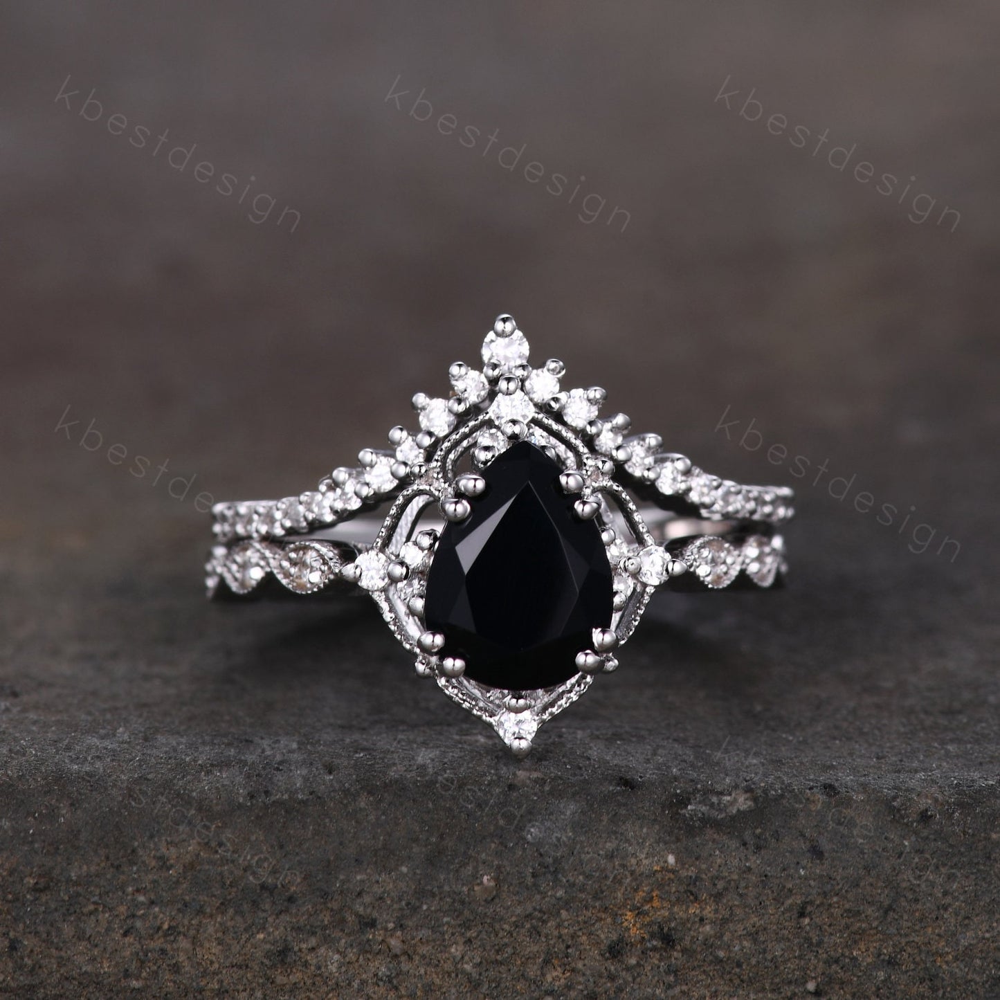 Vintage black onyx engagement ring sterling silver ring art deco curved stacking band pear shaped bridal set unique moissanite wedding set