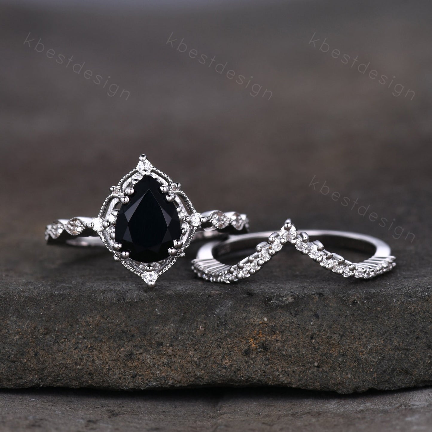 Vintage black onyx engagement ring sterling silver ring art deco curved stacking band pear shaped bridal set unique moissanite wedding set