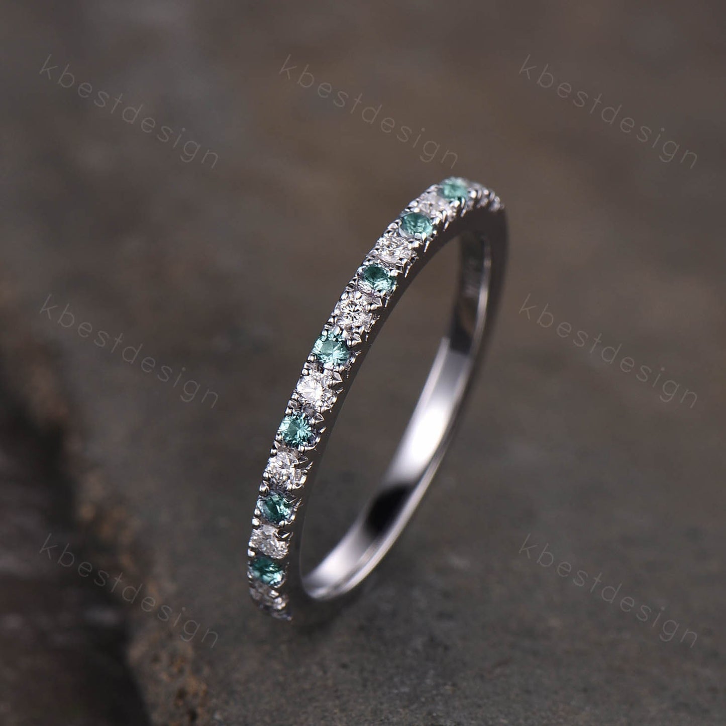 Half Eternity Alexandrite Wedding Band Sterling Silver Rings Alexandrite and Moissanite Wedding Band Minimalist Ring Pave Stacking Band