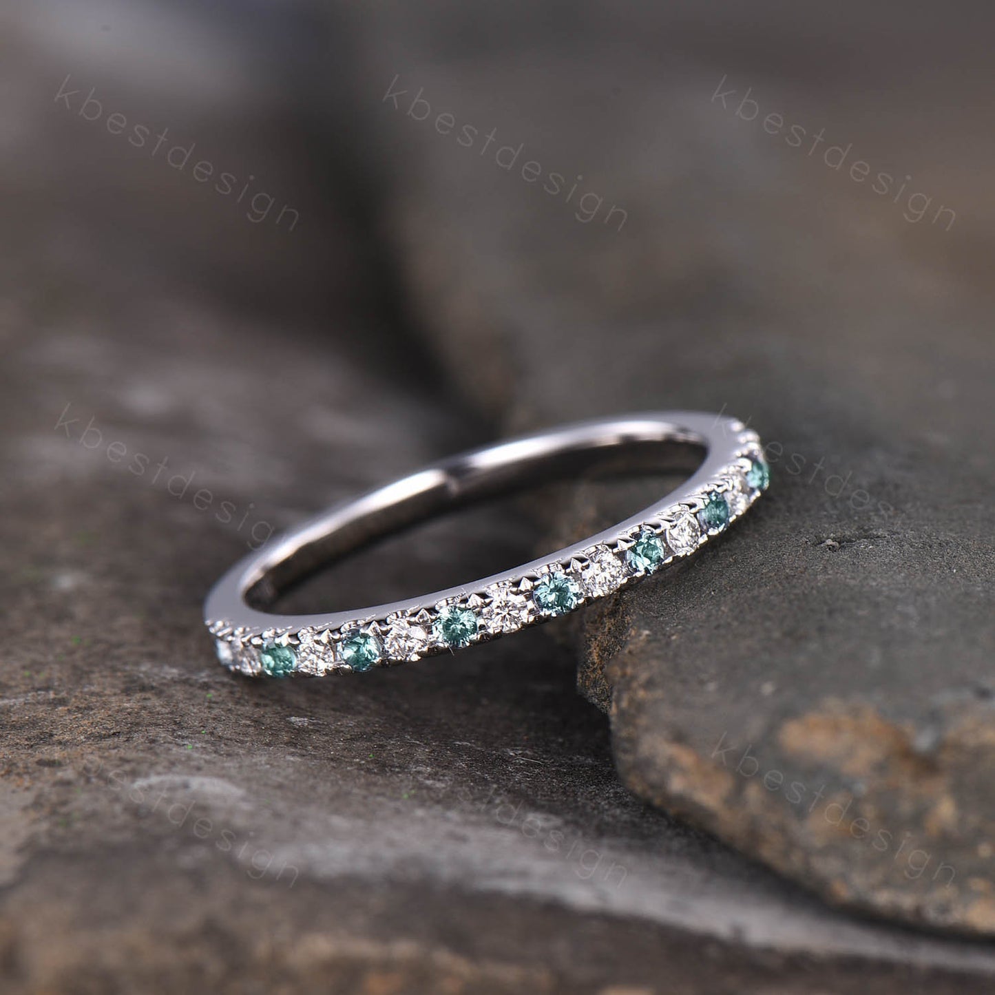 Half Eternity Alexandrite Wedding Band Sterling Silver Rings Alexandrite and Moissanite Wedding Band Minimalist Ring Pave Stacking Band