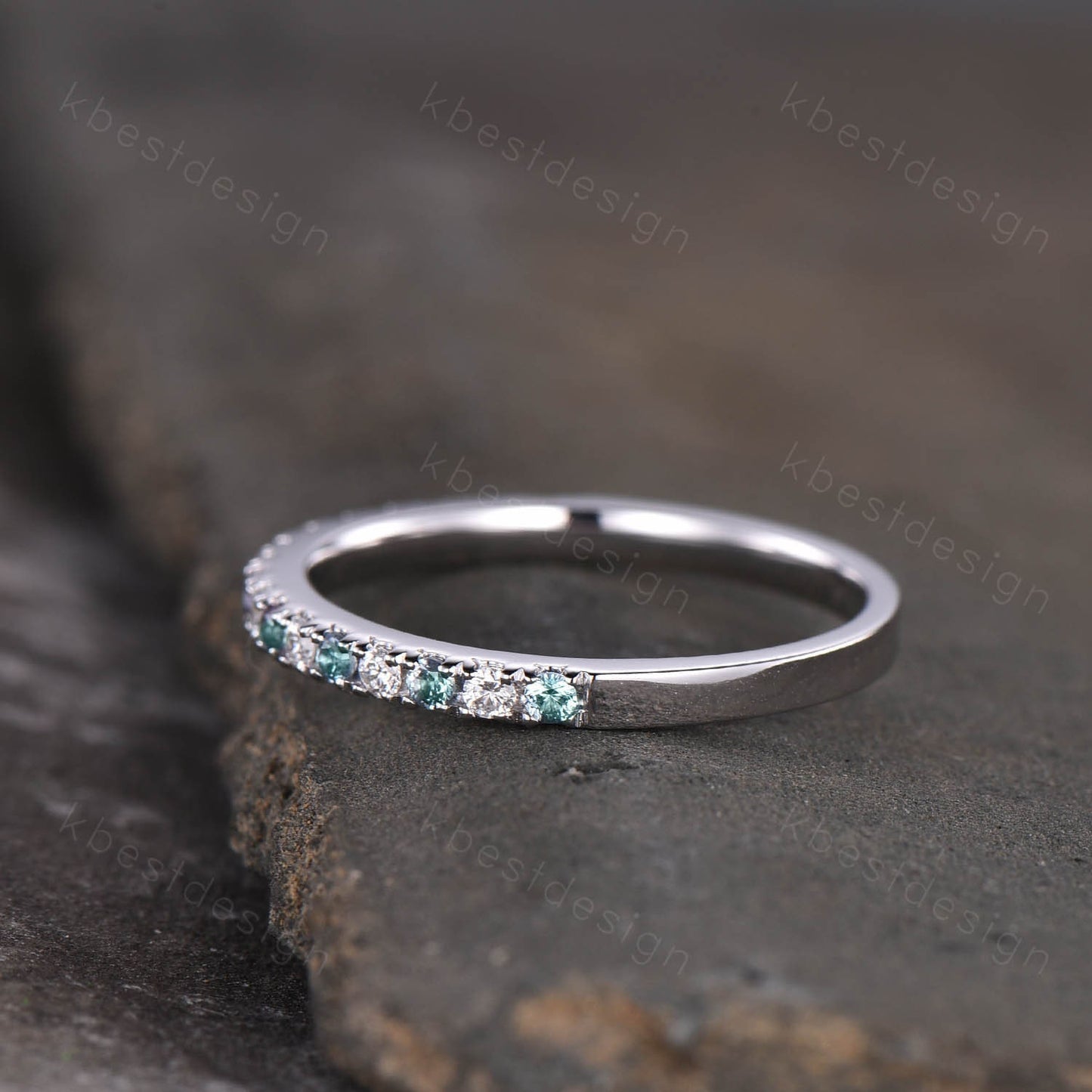 Half Eternity Alexandrite Wedding Band Sterling Silver Rings Alexandrite and Moissanite Wedding Band Minimalist Ring Pave Stacking Band