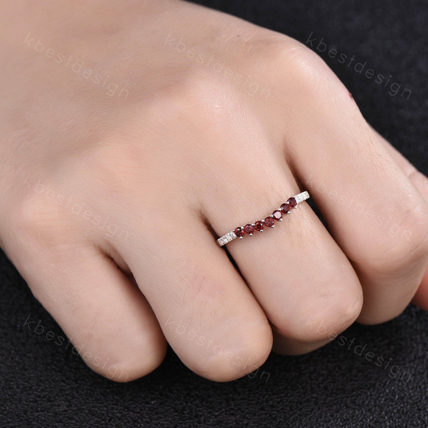 Delicate Garnet Wedding Band Sterling Silver Ring Curved Stacking Ring Gemstone Band January Birthstone Ring Anniversary Gift for Her