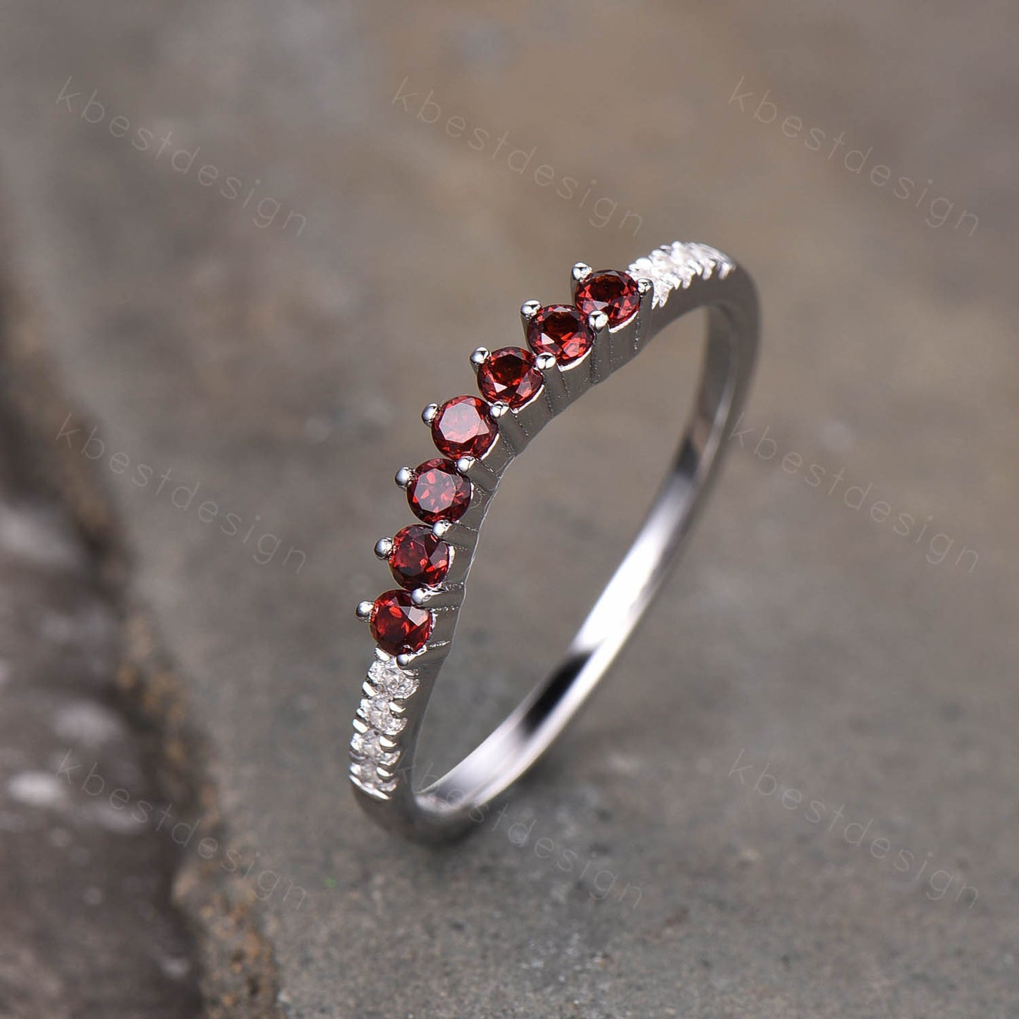 Delicate Garnet Wedding Band Sterling Silver Ring Curved Stacking Ring Gemstone Band January Birthstone Ring Anniversary Gift for Her