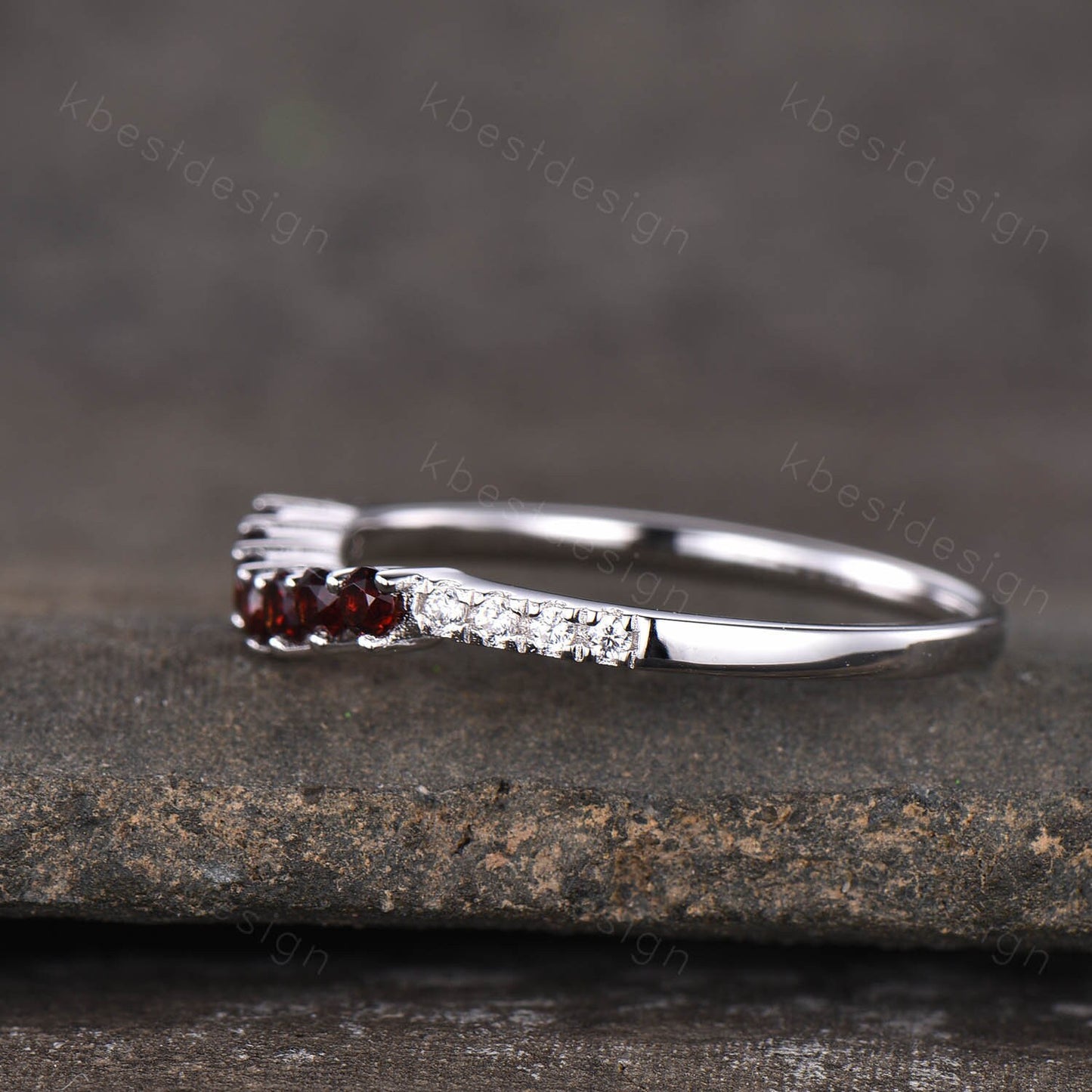 Delicate Garnet Wedding Band Sterling Silver Ring Curved Stacking Ring Gemstone Band January Birthstone Ring Anniversary Gift for Her