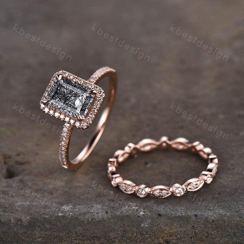 Vintage Emerald cut black rutilated quartz engagement ring set 14k rose gold art deco wedding ring for women unique bridal promise ring set