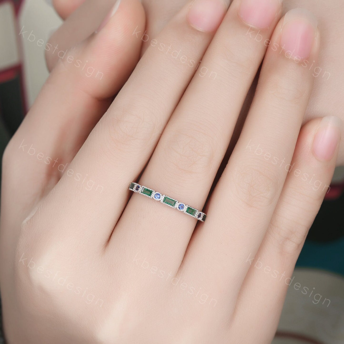 Art Deco Emerald sapphire wedding band silver baguette band women wedding ring May birthstone ring vintage stacking Anniversary gift