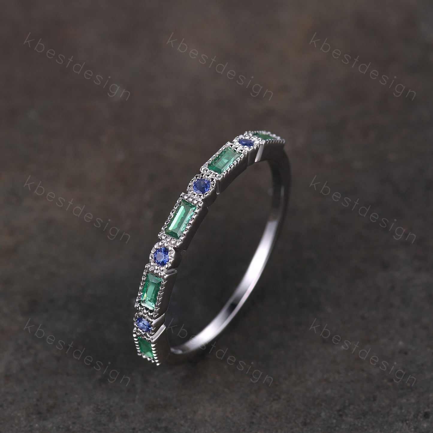 Art Deco Emerald sapphire wedding band silver baguette band women wedding ring May birthstone ring vintage stacking Anniversary gift